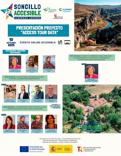 Cartel de la presentación del proyecto Access Tour Data en el Albergue Juvenil Soncillo Accesible, con fecha 10 de septiembre de 2025, mostrando programa, participantes y logos de entidades organizadoras.
