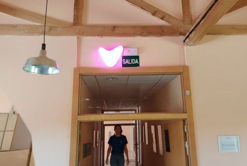 Una mujer joven con una camiseta azul y jeans camina por el umbral de una puerta de madera. Al fondo se ve un pasillo con más puertas. Encima de la puerta principal, hay un sistema de tecnología de Visualfy, que se identifica con un letrero de neón rosa e