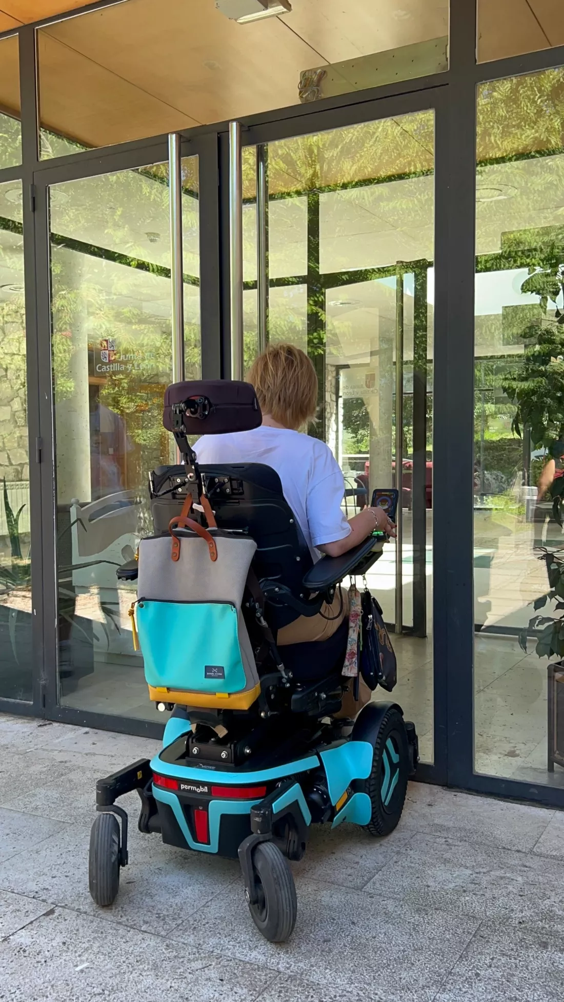 Mujer en silla de ruedas frente a la entrada principal de un edificio.