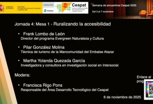 Cartel de la Mesa 1 “Ruralizando la accesibilidad” de las Jornadas Ceapat 2025 con ponentes y fecha del evento.
