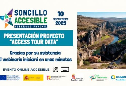 Cartel del evento online accesible "Presentación Proyecto Access Tour Data", organizado por Soncillo Accesible el 10 de septiembre de 2025, con logos institucionales y una fotografía de paisaje natural con un río y montañas.