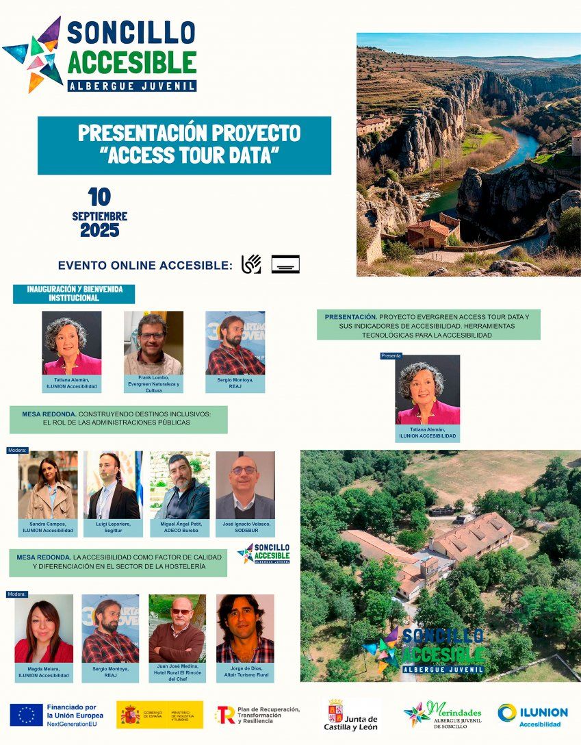 Cartel de la presentación del proyecto Access Tour Data en el Albergue Juvenil Soncillo Accesible, con fecha 10 de septiembre de 2025, mostrando programa, participantes y logos de entidades organizadoras. Cartel de la presentación del proyecto Access Tour Data en el Albergue Juvenil Soncillo Accesible, con fecha 10 de septiembre de 2025, mostrando programa, participantes y logos de entidades organizadoras.
