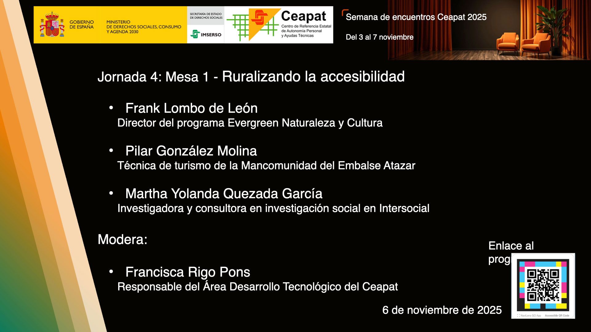 Cartel de la Mesa 1 “Ruralizando la accesibilidad” de las Jornadas Ceapat 2025 con ponentes y fecha del evento.