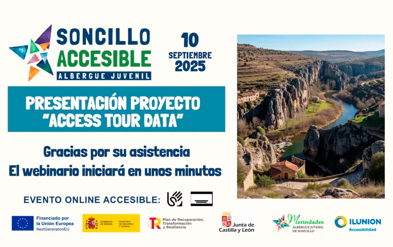 Cartel del evento online accesible Presentación Proyecto Access Tour Data, organizado por Soncillo Accesible el 10 de septiembre de 2025, con logos institucionales y una fotografía de paisaje natural con un río y montañas.